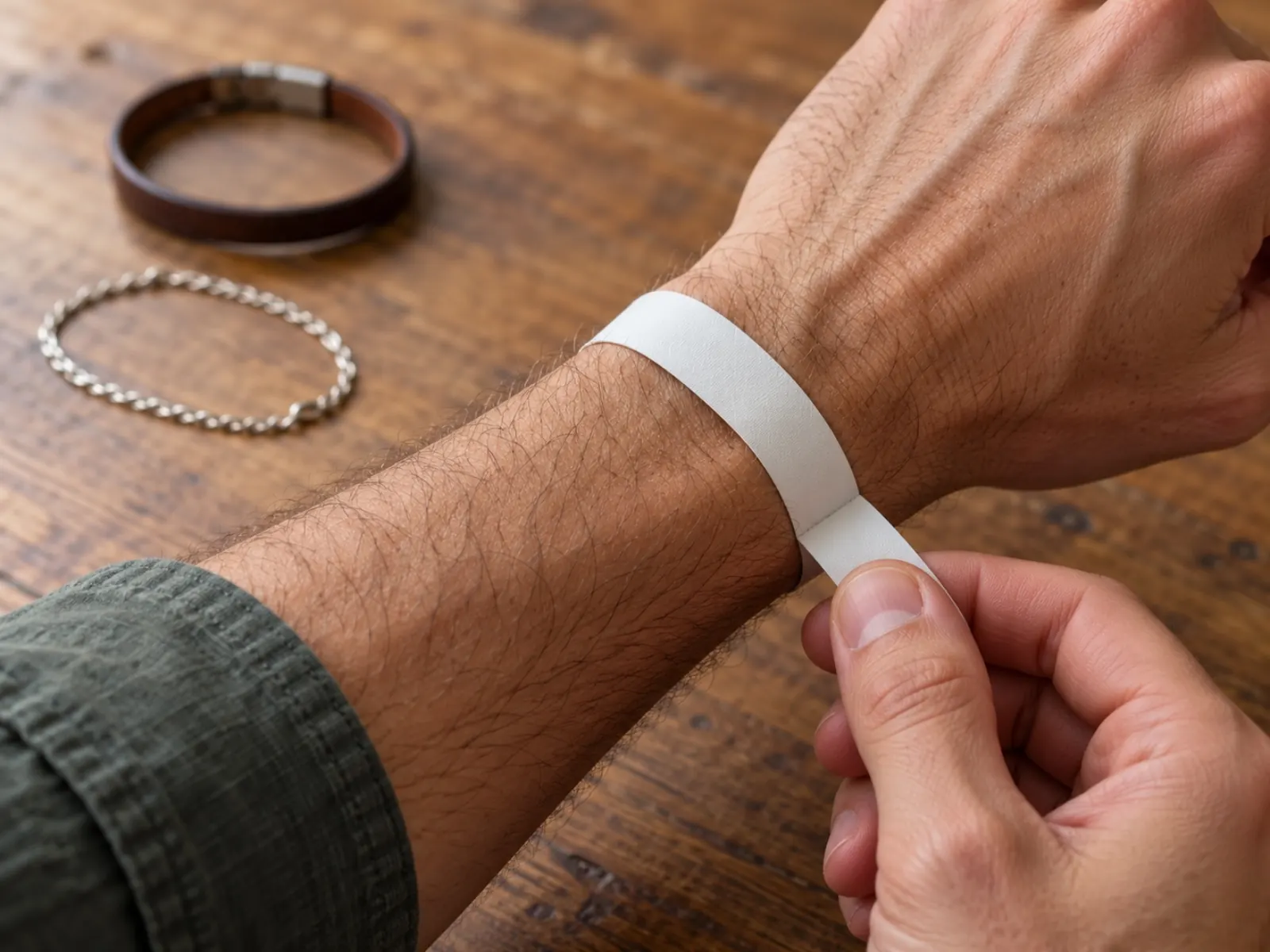 Close-up van een pols met een strookje papier eromheen om de maat te meten, met op de achtergrond een leren en een zilveren armband op een houten tafel