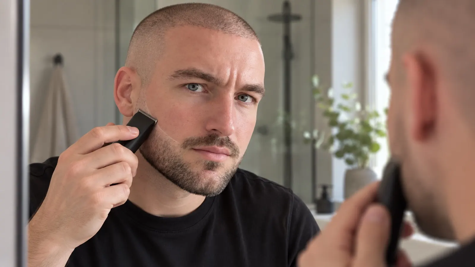 Man met een buzz cut, high fade en korte baard die met een trimmer een strakke lijn op zijn wang zet voor de spiegel