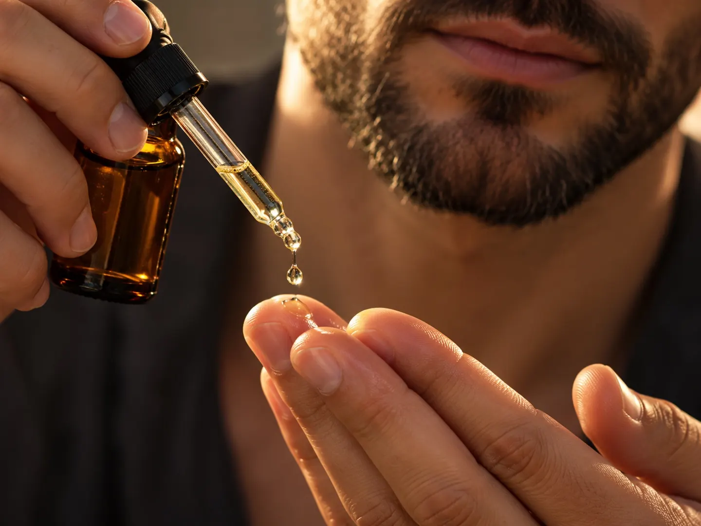 Close-up van een hand die een paar druppels olie uit een pipet op de vingertoppen laat vallen boven een korte baard