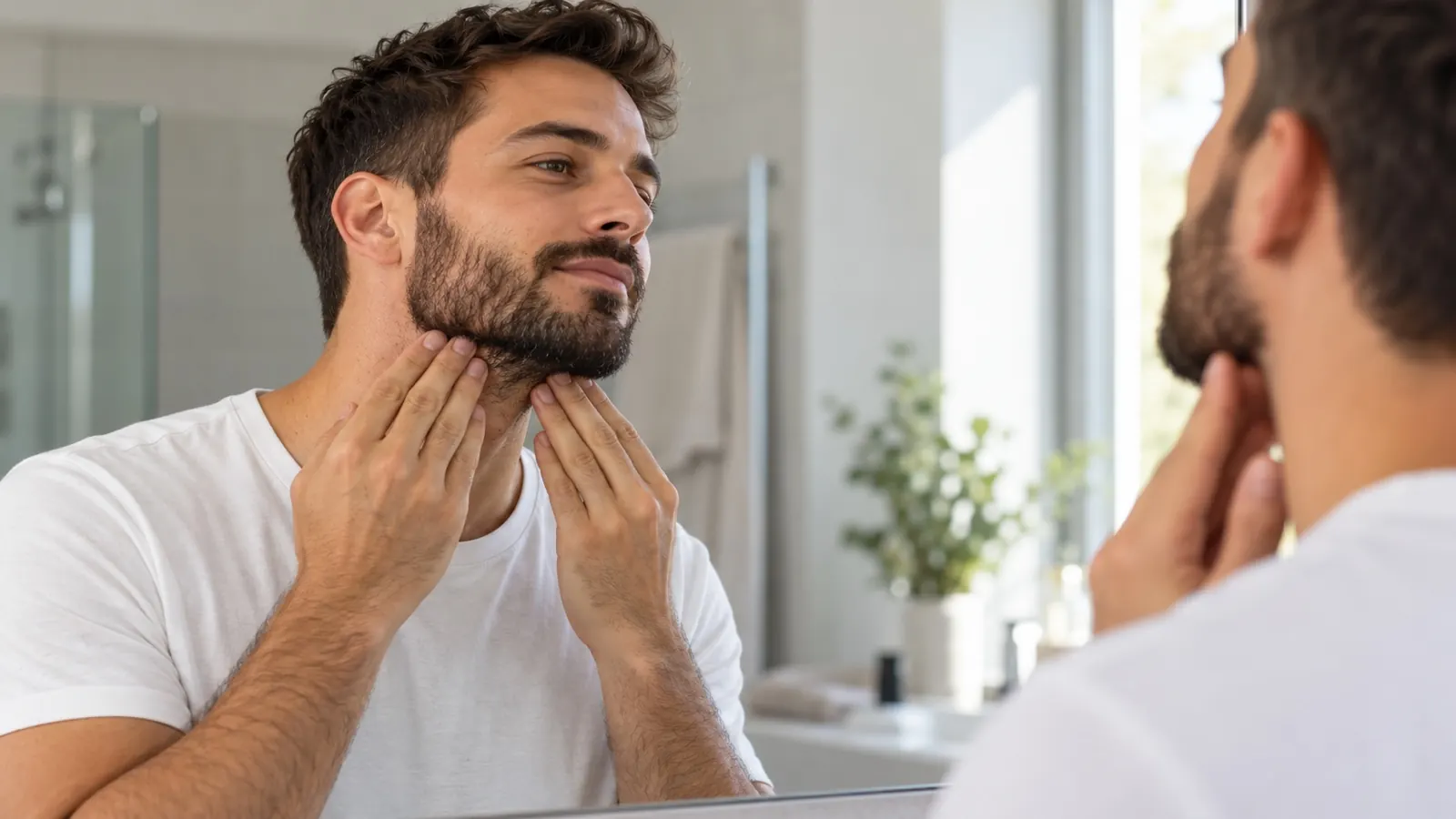 Man van rond de dertig met een korte baard die voor de spiegel met zijn vingertoppen over de jeukende huid onder zijn baard wrijft