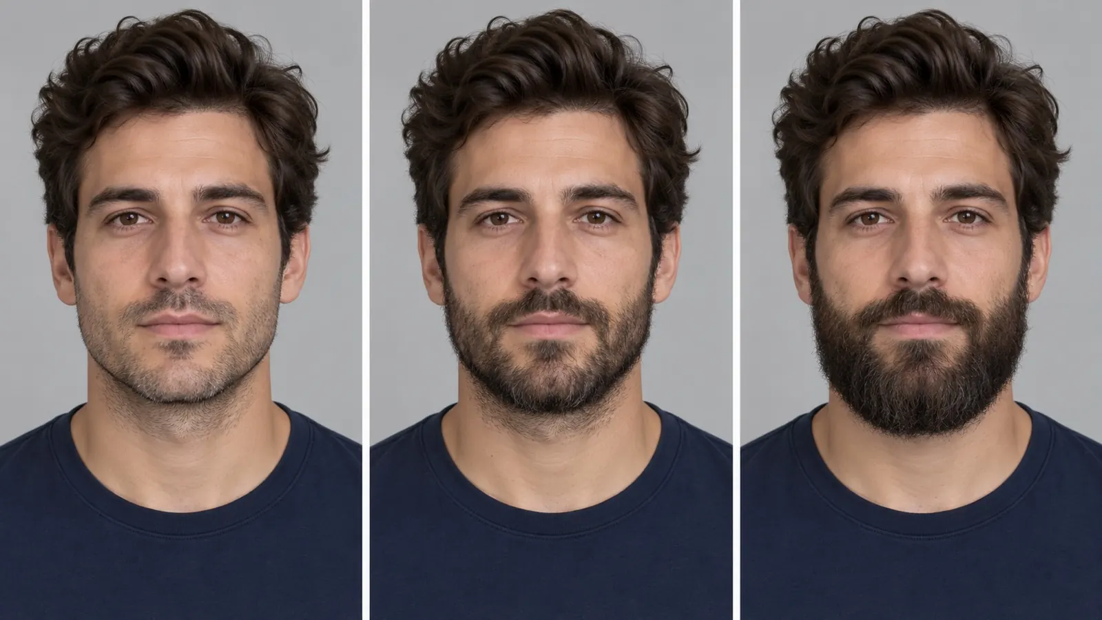 Drie foto's naast elkaar van dezelfde man met een stoppelbaard, een korte baard en een volle baard