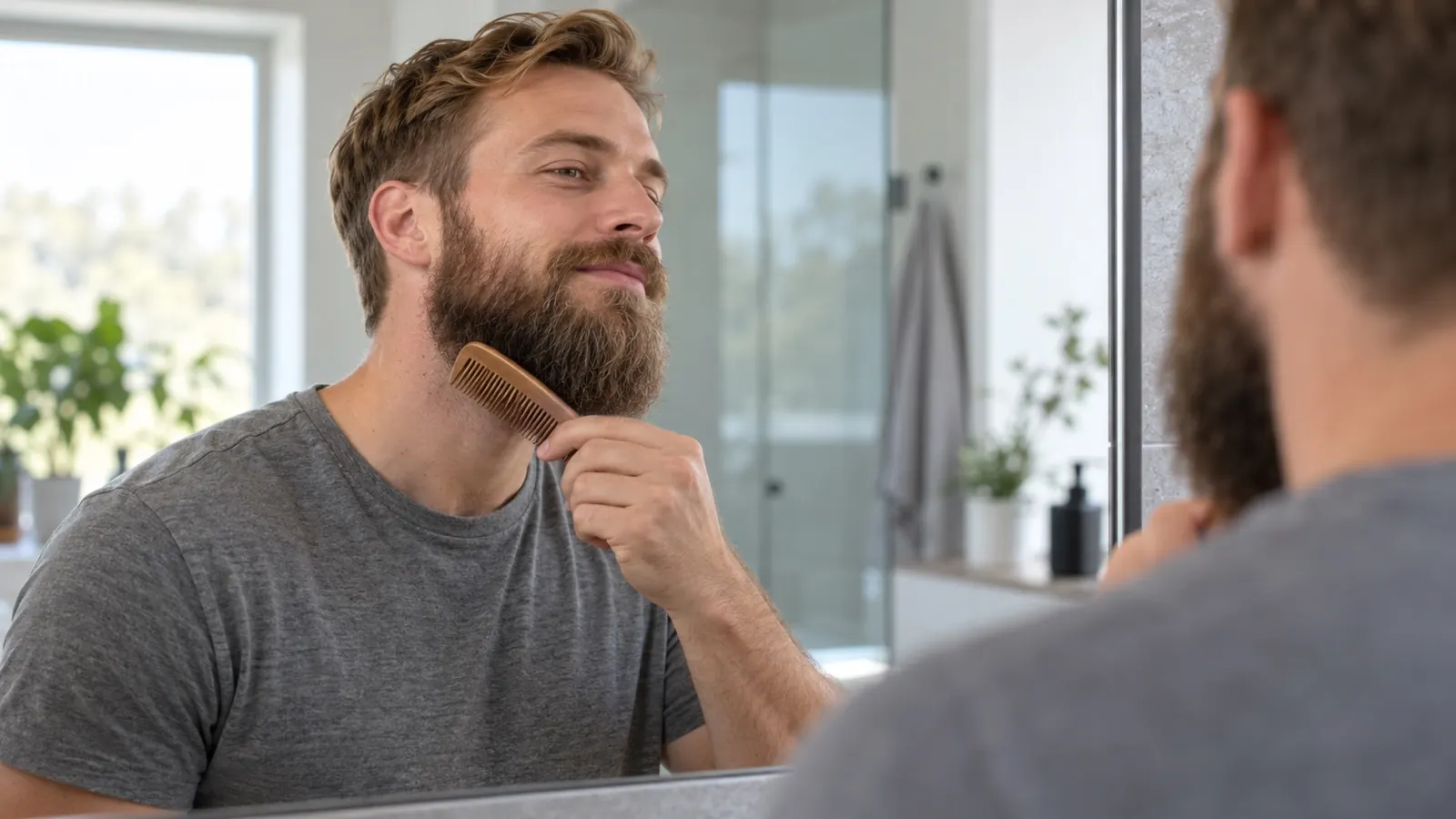 Man van rond de dertig met een volle baard van een paar maanden oud die zijn baard met een kam in model brengt