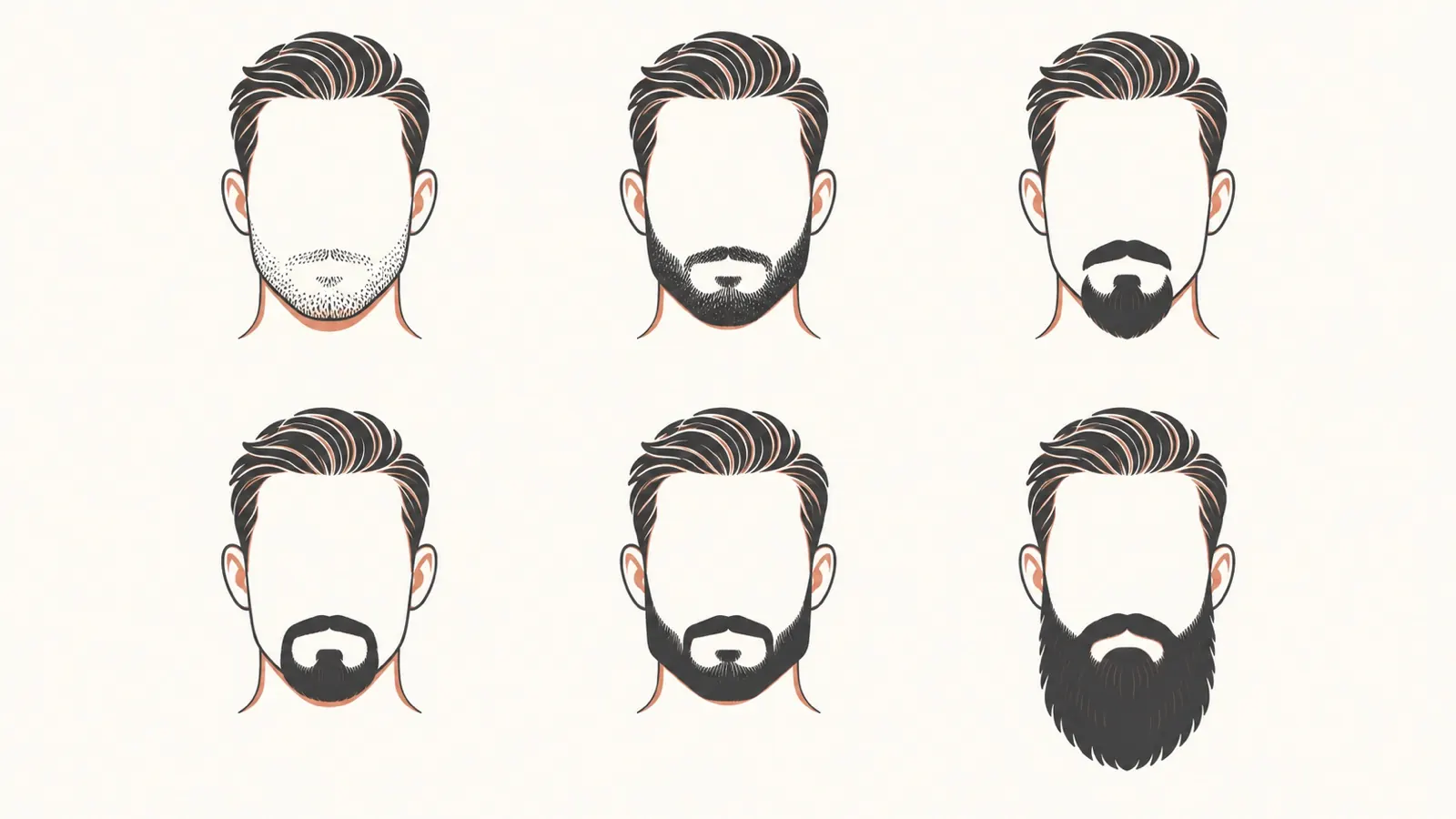 Illustratie van zes mannenhoofden met verschillende baardstijlen, van stoppelbaard en sikje tot boxed beard en garibaldi