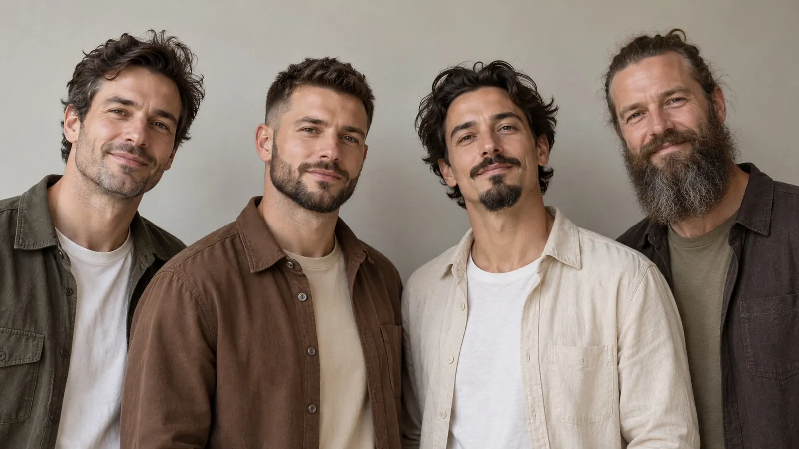 Vier mannen naast elkaar met verschillende baardstijlen, van een stoppelbaard tot een volle, lange baard