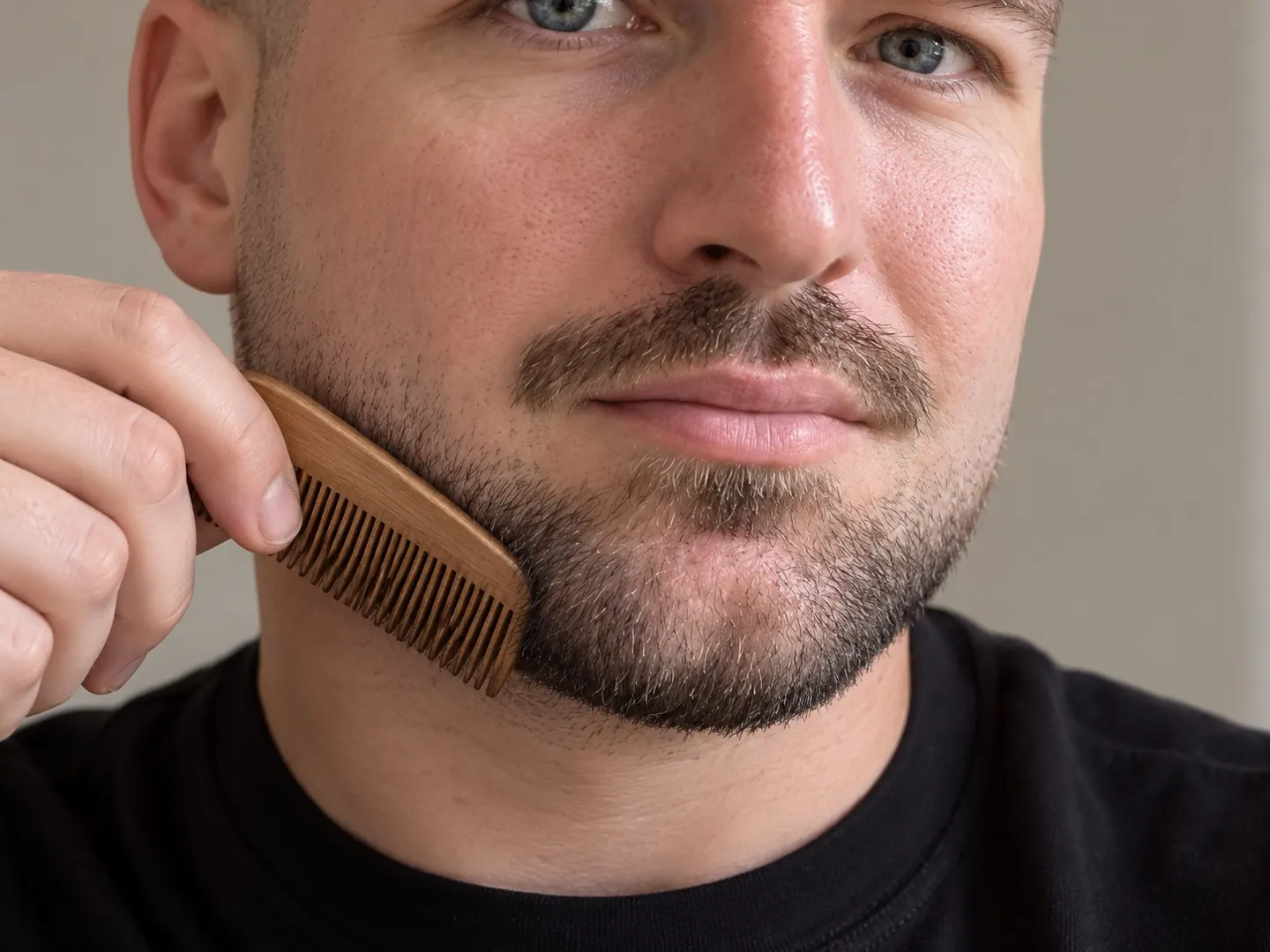 Close-up van een man met een korte baard die zijn baard met een fijne kam in de groeirichting kamt voor het trimmen