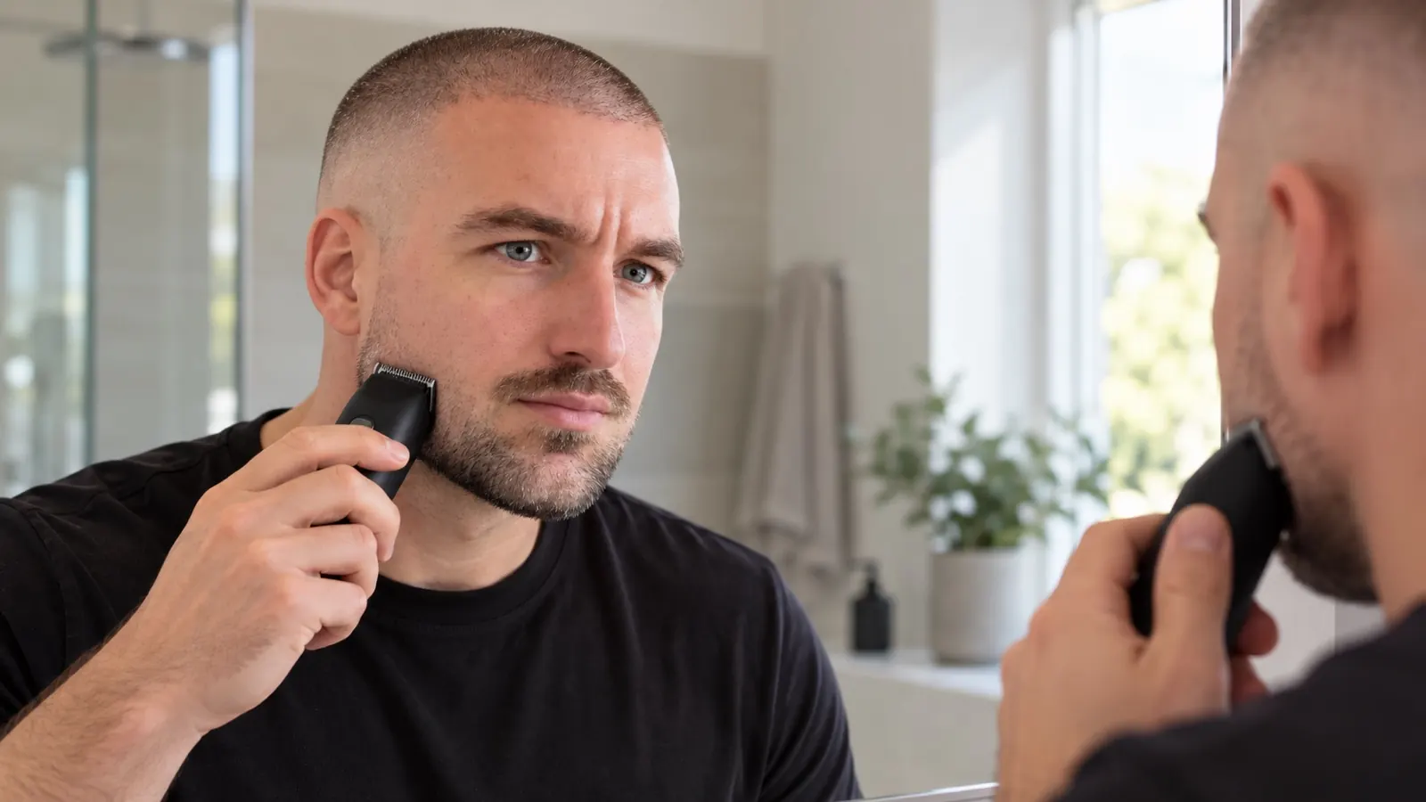 Man met een buzz cut, high fade en korte baard die zijn baard met een trimmer bijwerkt voor de badkamerspiegel