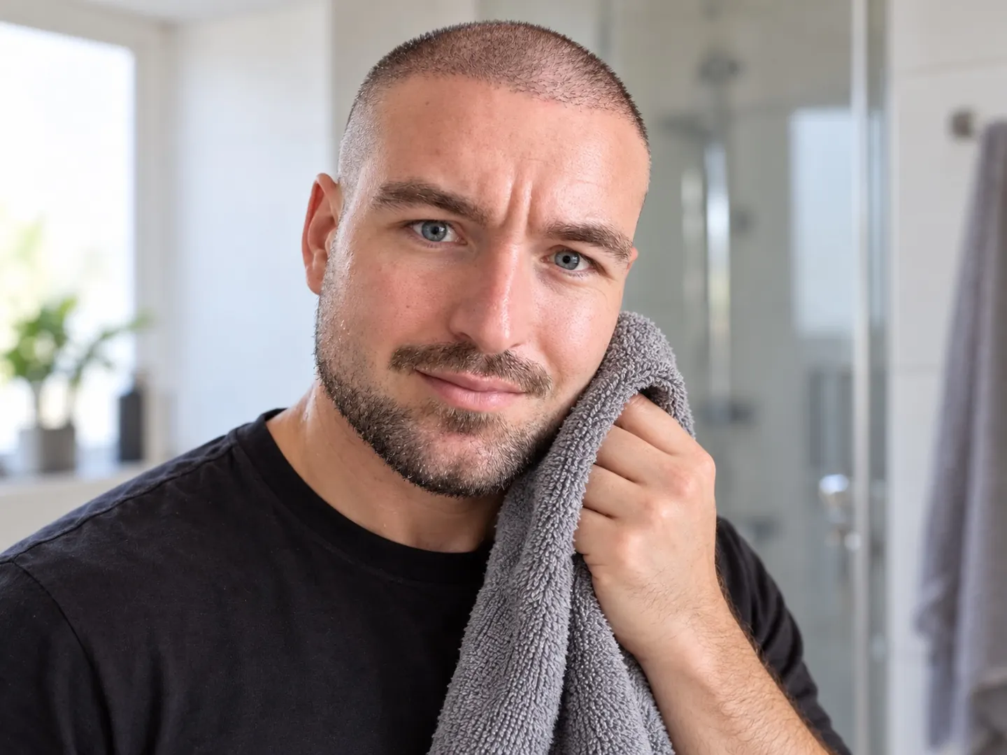 Man met een korte baard die zijn baard droogdept met een zachte handdoek in de badkamer