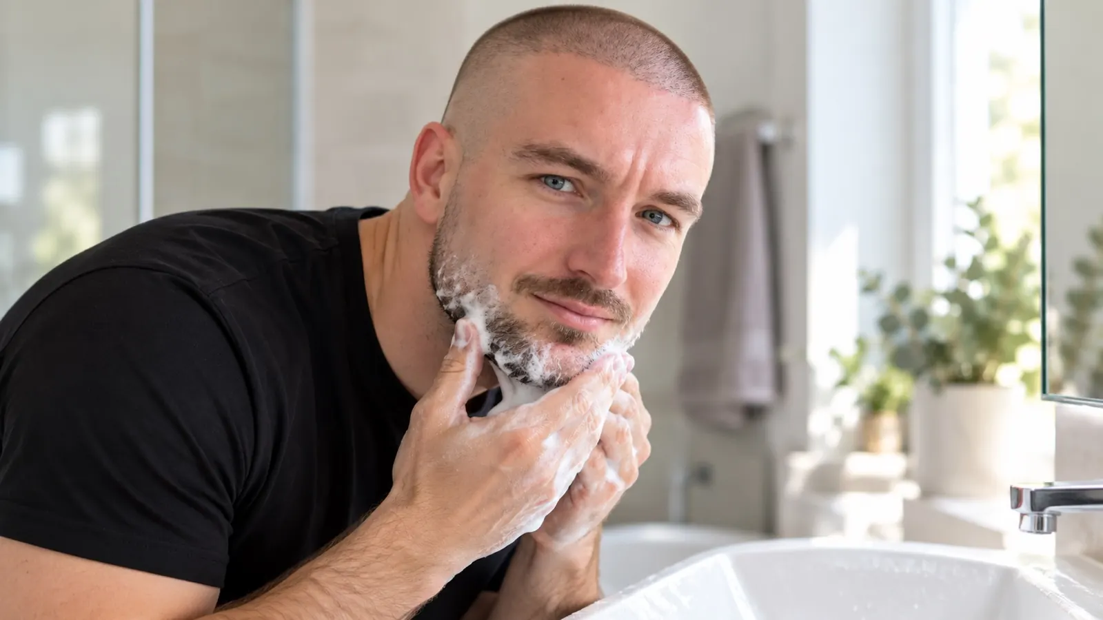 Man met een buzz cut, high fade en korte baard die zijn baard wast boven een wastafel in een lichte badkamer