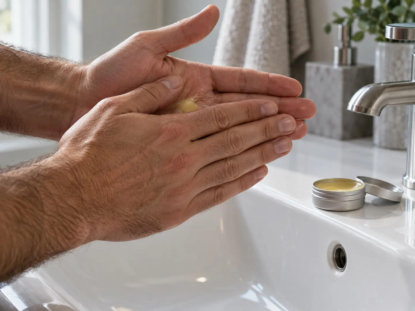 Close-up van twee handen die een klein beetje baardbalm tussen de handpalmen opwarmen boven een wastafel