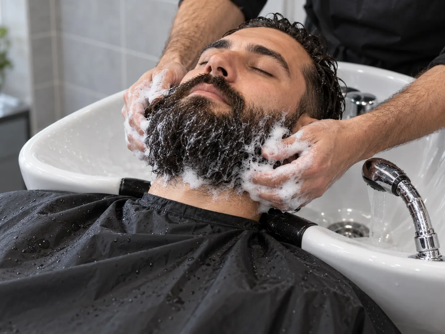Barbier die bij de wasbak shampoo met zijn vingertoppen tot op de huid in de volle baard van een man masseert