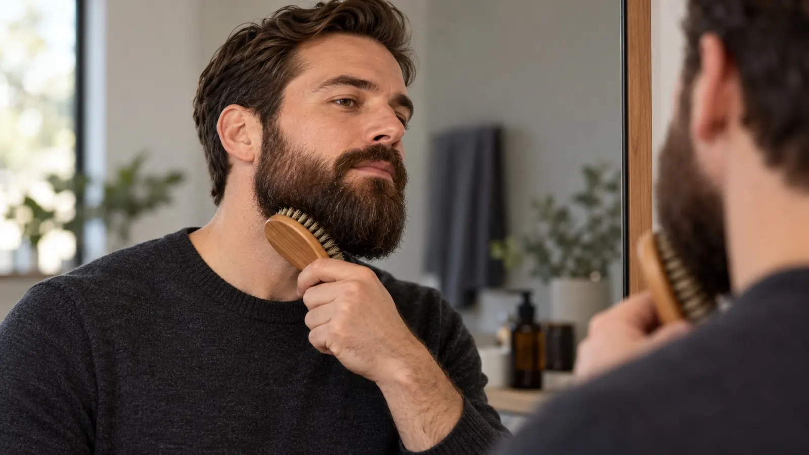Man met een volle baard die met een baardborstel door zijn baard borstelt voor een spiegel