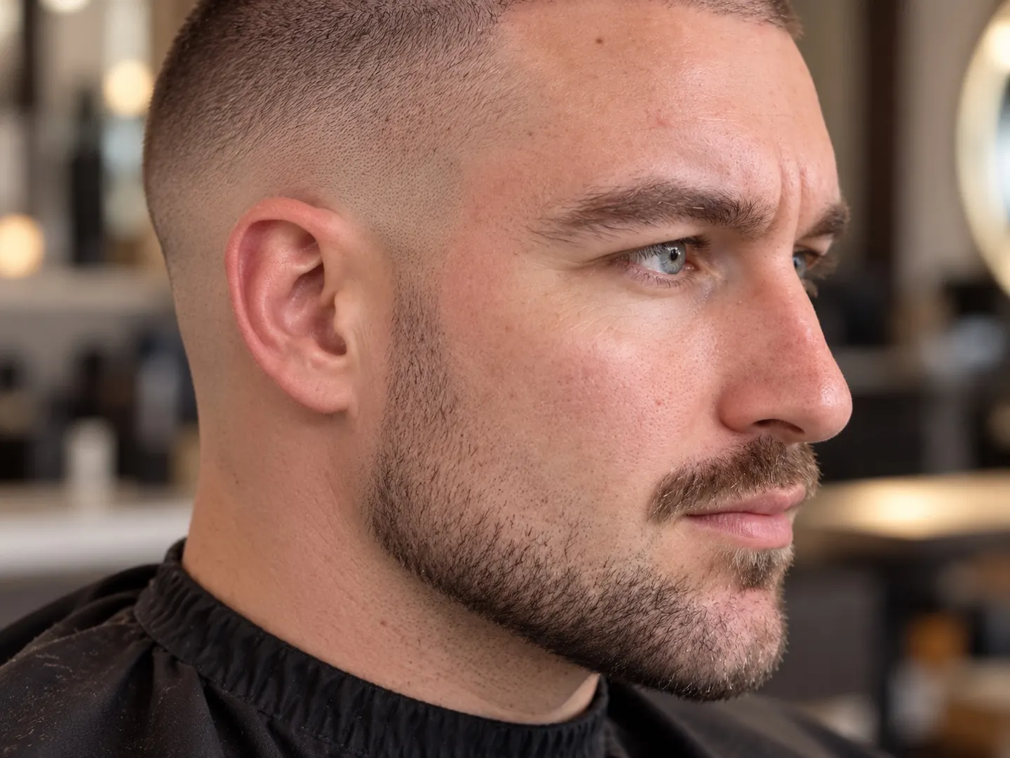 Close-up van de zijkant van het hoofd van een man met een high fade waarbij de bakkebaarden vloeiend overlopen in een korte baard