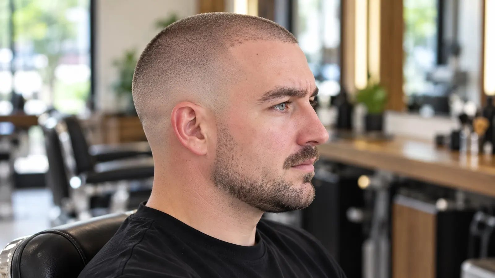 Zijaanzicht van een man met een buzz cut, een high fade en een korte baard waarbij de bakkebaarden vloeiend overlopen van kort naar baardlengte