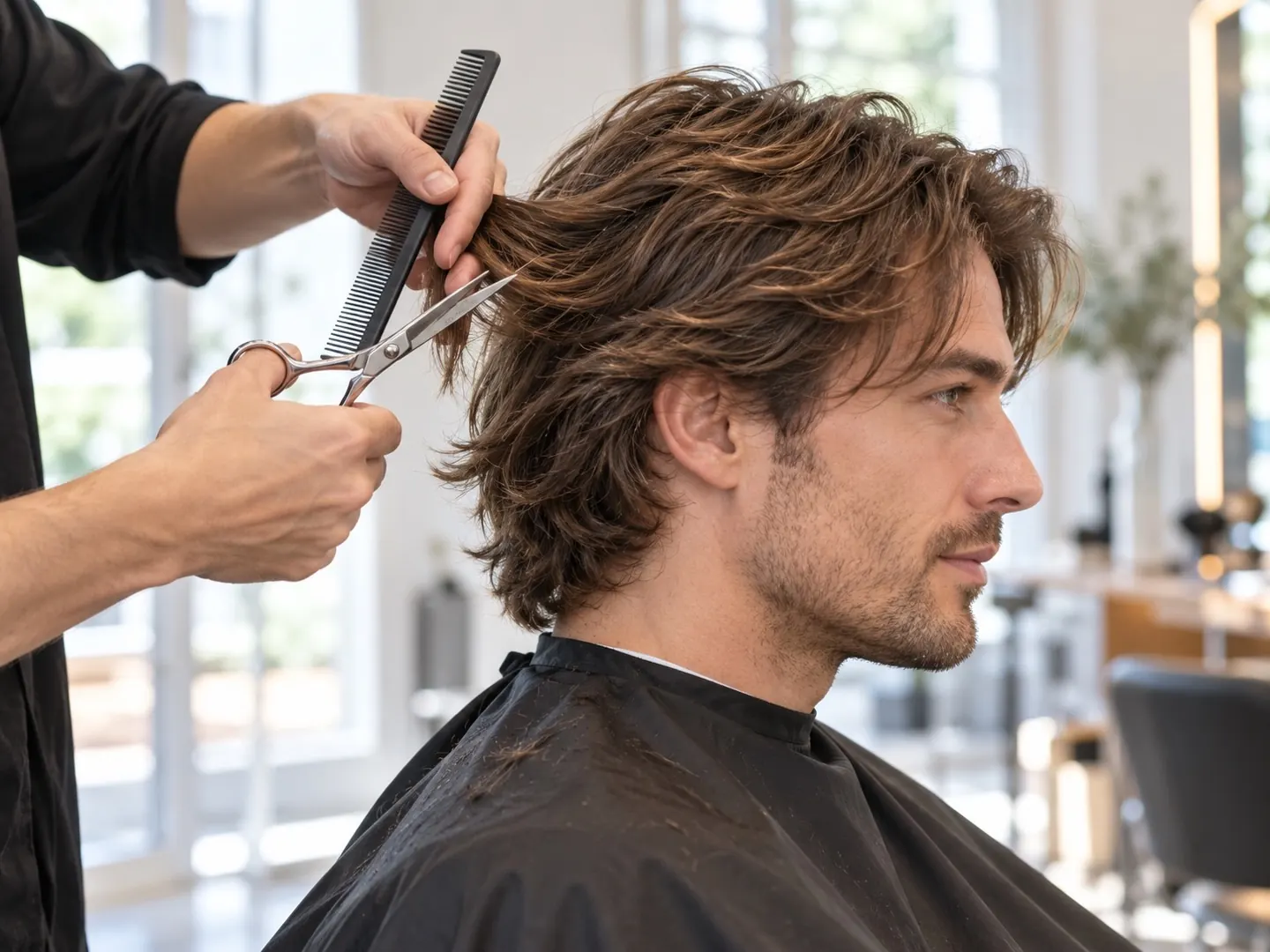 Kapper knipt met een schaar de laagjes in het halflange haar van een man in een lichte, moderne salon