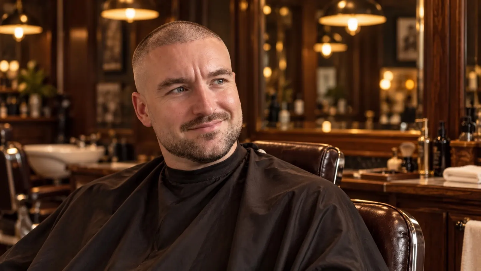 Man met een buzz cut, high fade en korte baard in de leren stoel van een donkere barbershop met houten interieur