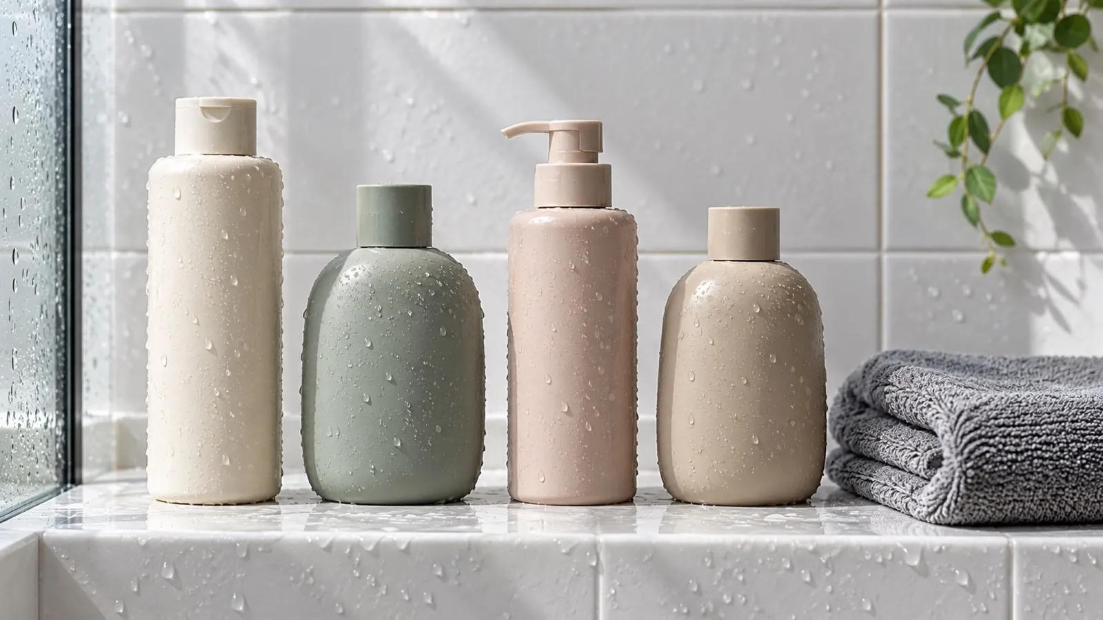 Vier flessen shampoo zonder etiket naast elkaar op de rand van een lichte douche