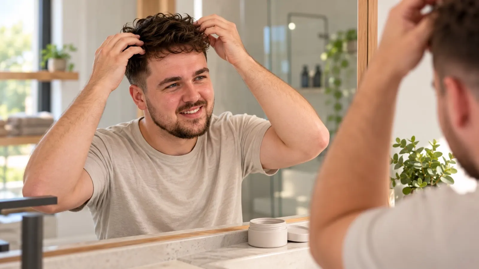 Man met krullen en een mid fade die een beetje matte clay door zijn haar werkt voor de spiegel