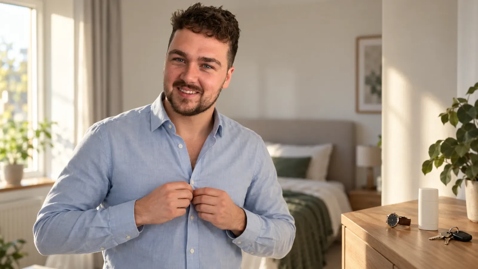 Man met krullen en een mid fade die 's ochtends zijn overhemd dichtknoopt, met een deodorantstick op het dressoir