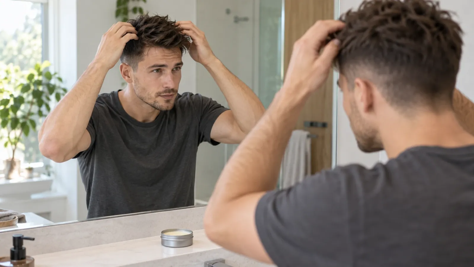 Man met een korte textured crop die met zijn vingertoppen een beetje matte wax door zijn haar werkt voor de badkamerspiegel
