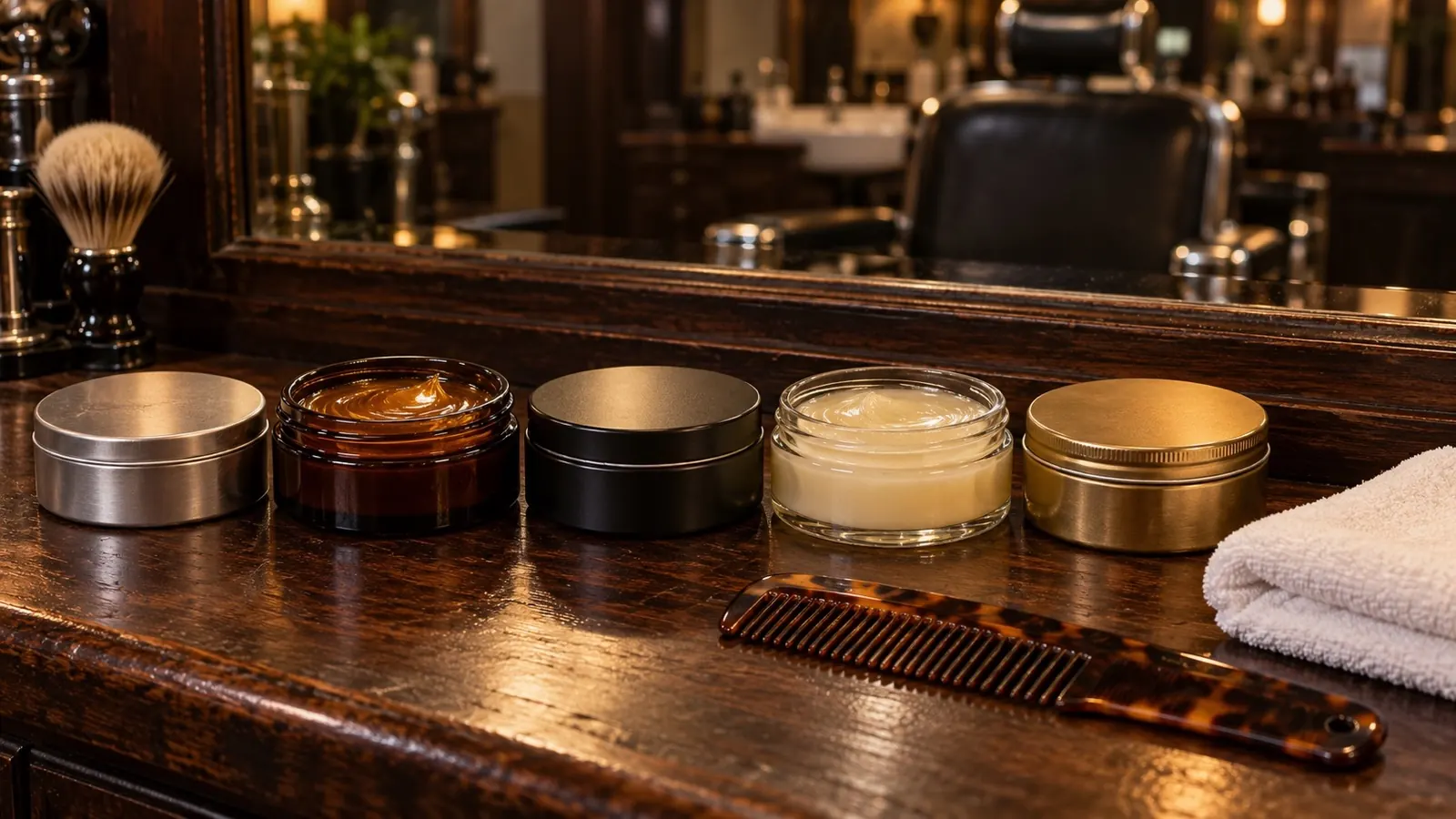 Vijf ronde potjes pomade zonder etiket op een rij op een donkere houten barbierstafel