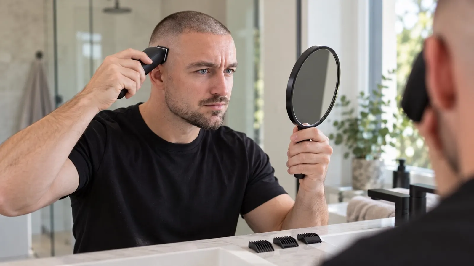 Man met een buzz cut, high fade en korte baard die thuis voor de spiegel zijn fade bijwerkt met een tondeuse
