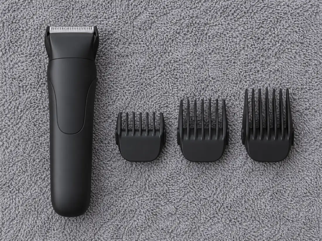 Een blanco bodygroomer met drie losse opzetkammen van verschillende lengtes netjes naast elkaar op een handdoek