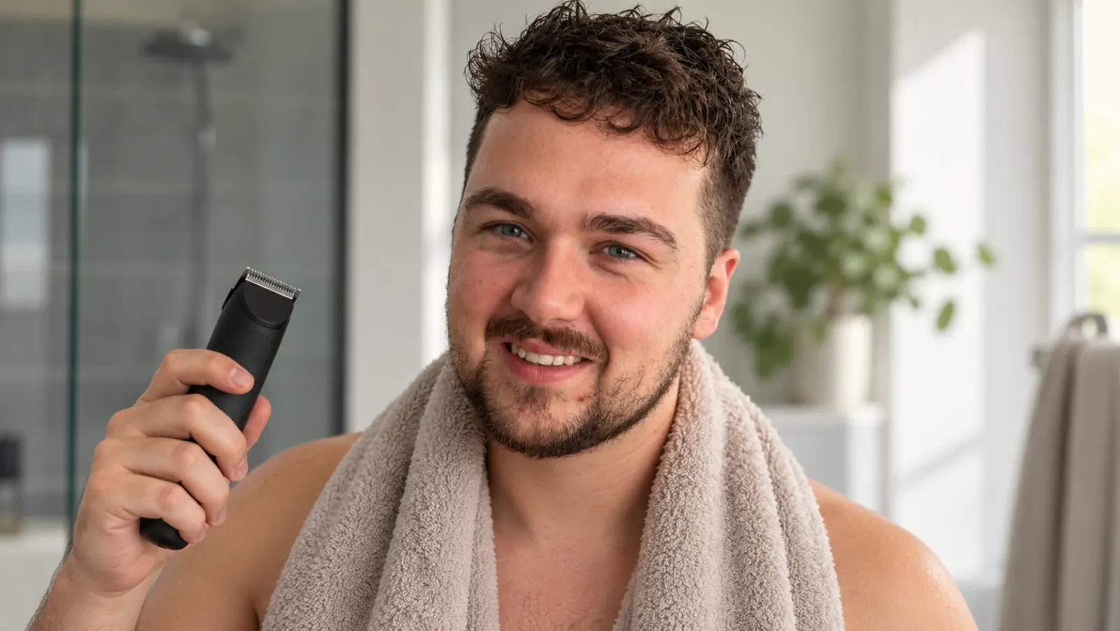Man met krullen en een handdoek om zijn nek die een bodytrimmer vasthoudt in een lichte badkamer
