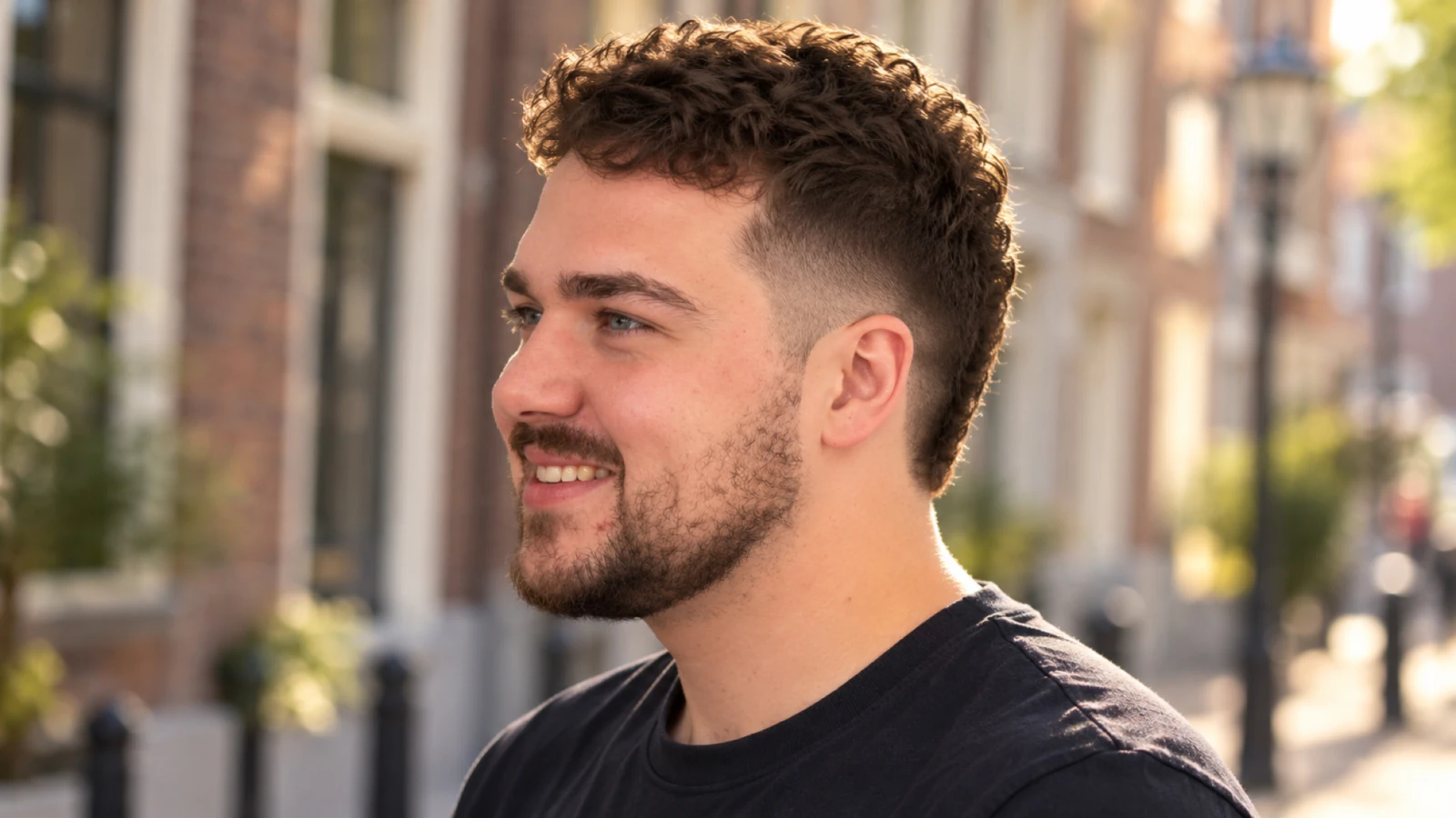 Man met een burst fade die in een halve cirkel rond zijn oor loopt, met langer haar in de nek