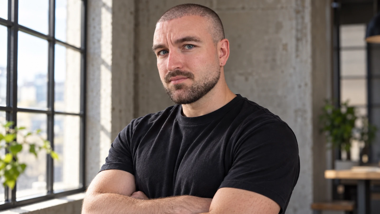 Man met een buzz cut en een korte baard, schuin van voren gezien