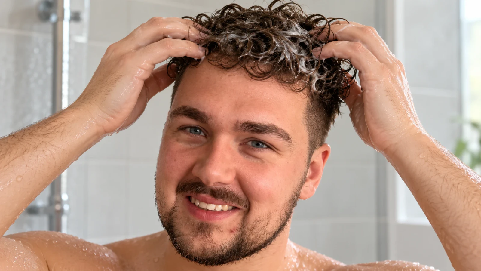 Man met krullen onder de douche die conditioner door zijn haar werkt