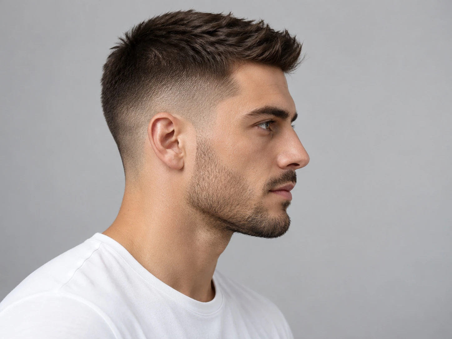 Man met een crew cut met een fade aan de zijkant en korte textuur bovenop, van opzij gezien