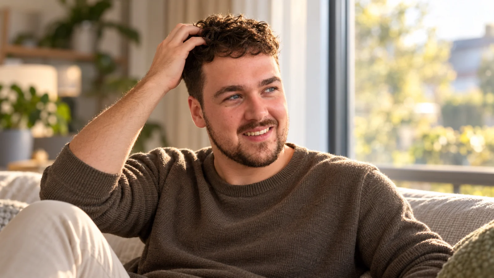 Man met zachte, gedefinieerde krullen die door zijn haar strijkt