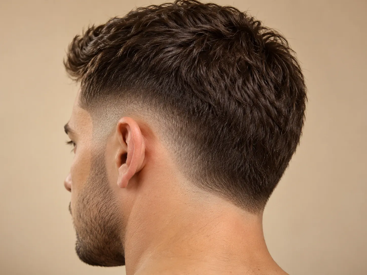 Schuin achteraanzicht van een man met een drop fade die achter het oor in een boog naar beneden zakt