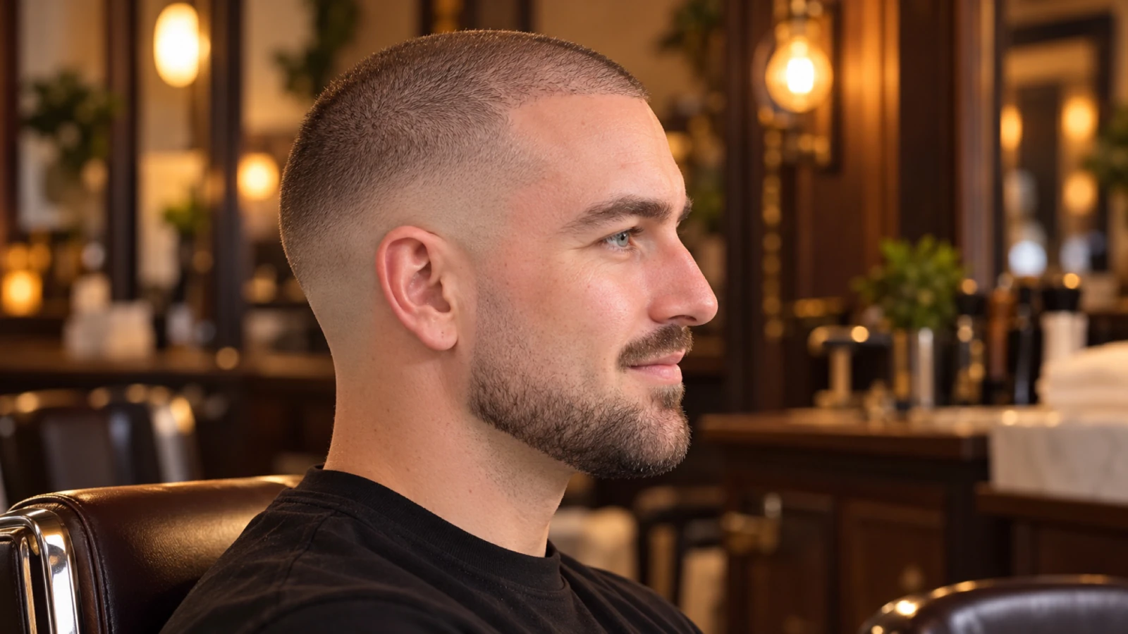 Man van opzij met een drop fade die achter het oor in een boog naar beneden zakt