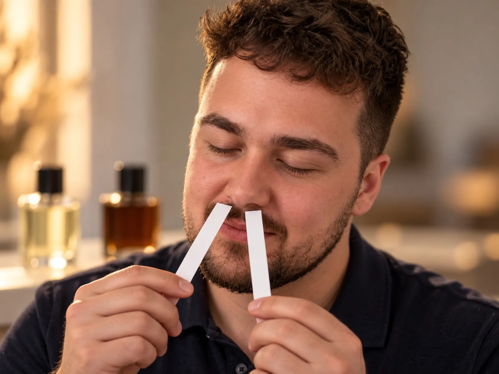Man met krullen en een korte baard die aan twee parfumpapiertjes ruikt, met op de achtergrond twee blanco parfumflessen
