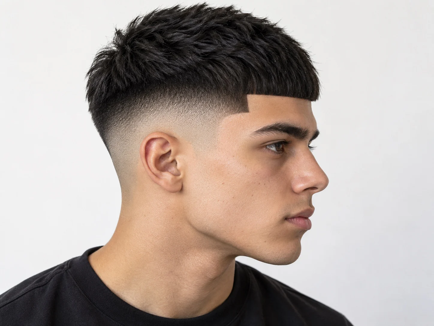 Zijaanzicht van een Edgar cut met een hoge skin fade en de rechte pony die scherp afloopt bij de slaap