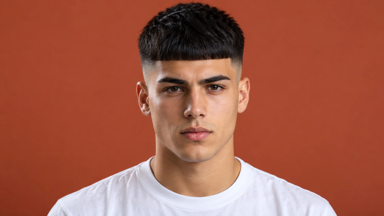Man met een Edgar cut met een strakke, rechte pony en een hoge fade, recht van voren gezien