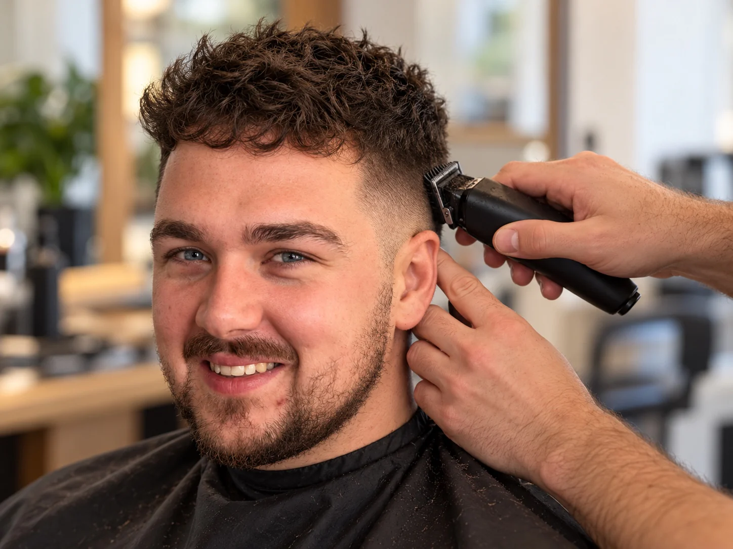 Barbier werkt met een tondeuse de overgang van een fade weg aan de zijkant van het hoofd van een man
