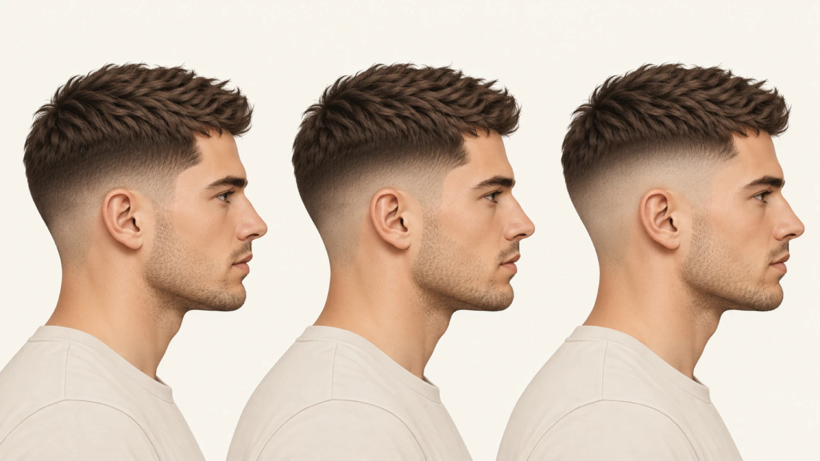 Drie mannen van opzij naast elkaar met een low fade, een mid fade en een high fade