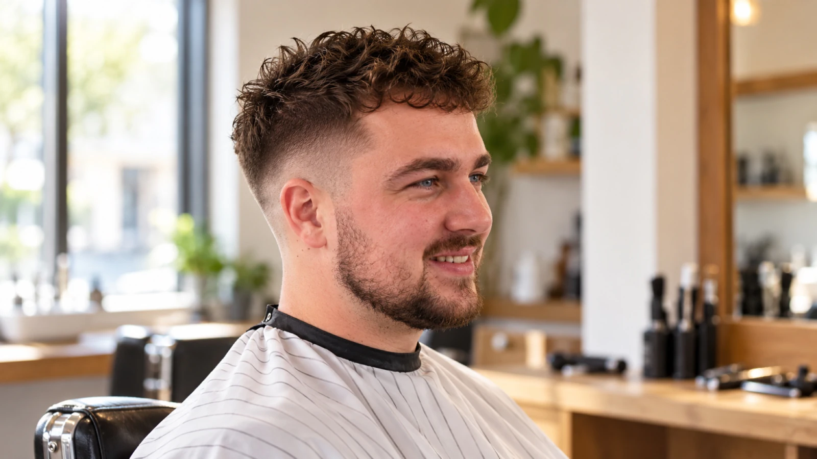 Man in de kappersstoel met een verse fade aan de zijkant, van opzij gezien