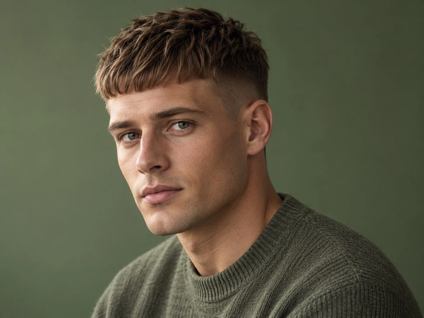 Man met steil haar in een French crop met een korte, rechte pony en een low fade, schuin van voren gezien
