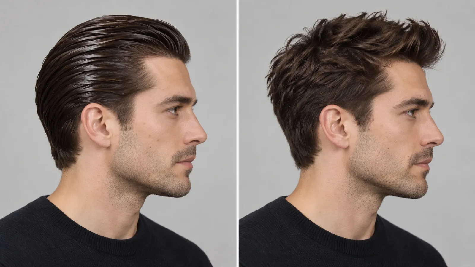 Dezelfde man twee keer van opzij: links met een glanzende slick back met pomade, rechts met een matte, getextureerde look met clay