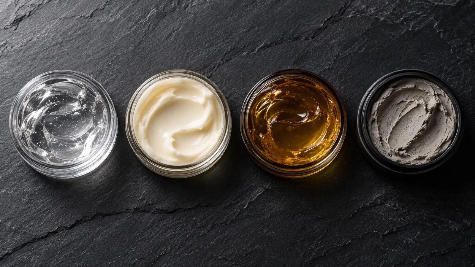 Vier open potjes haarproduct zonder etiket naast elkaar, van glanzende gel tot matte klei