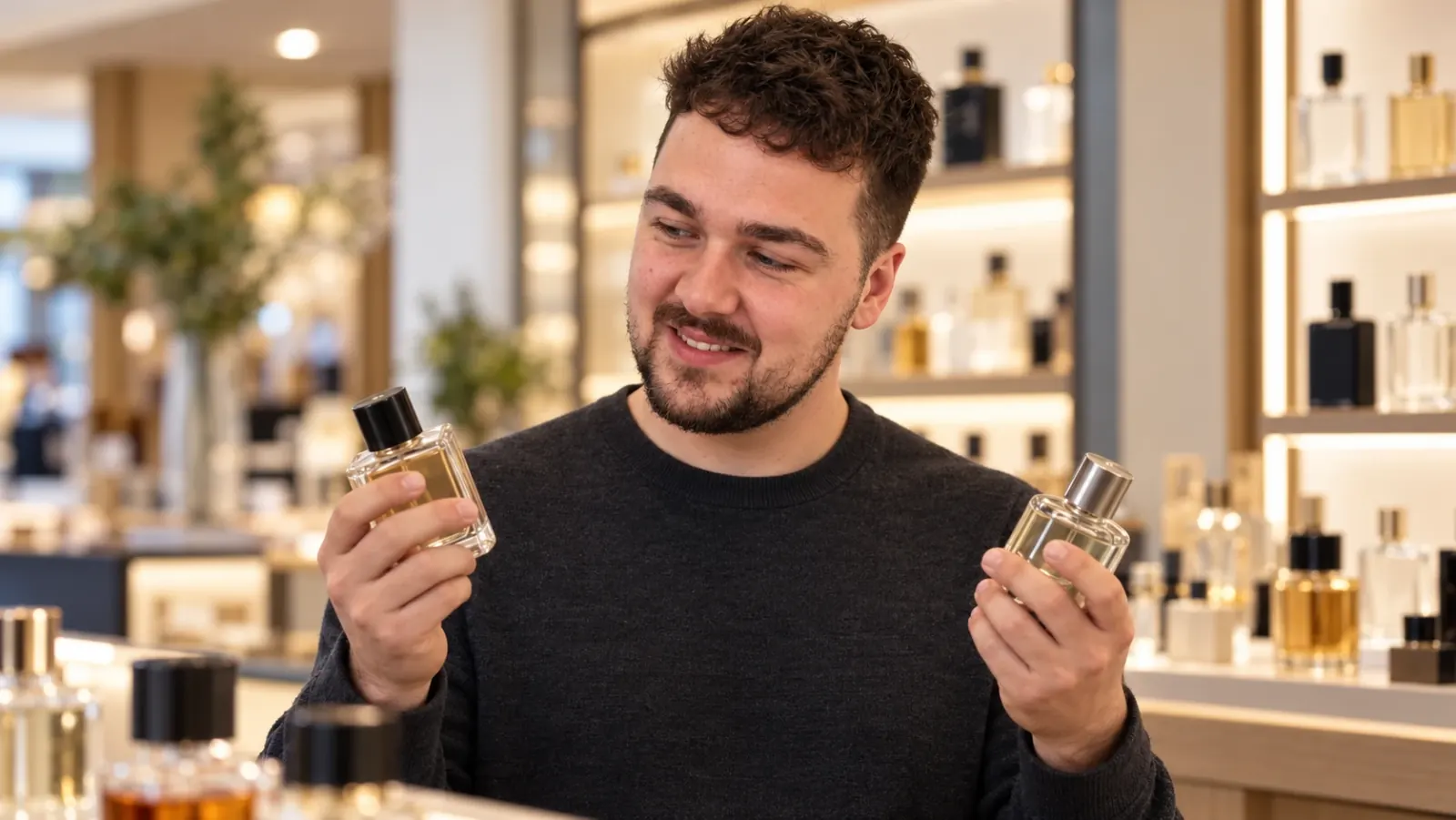Man met krullen, een mid fade en een korte baard die bij een parfumtoonbank twee parfumflessen vergelijkt