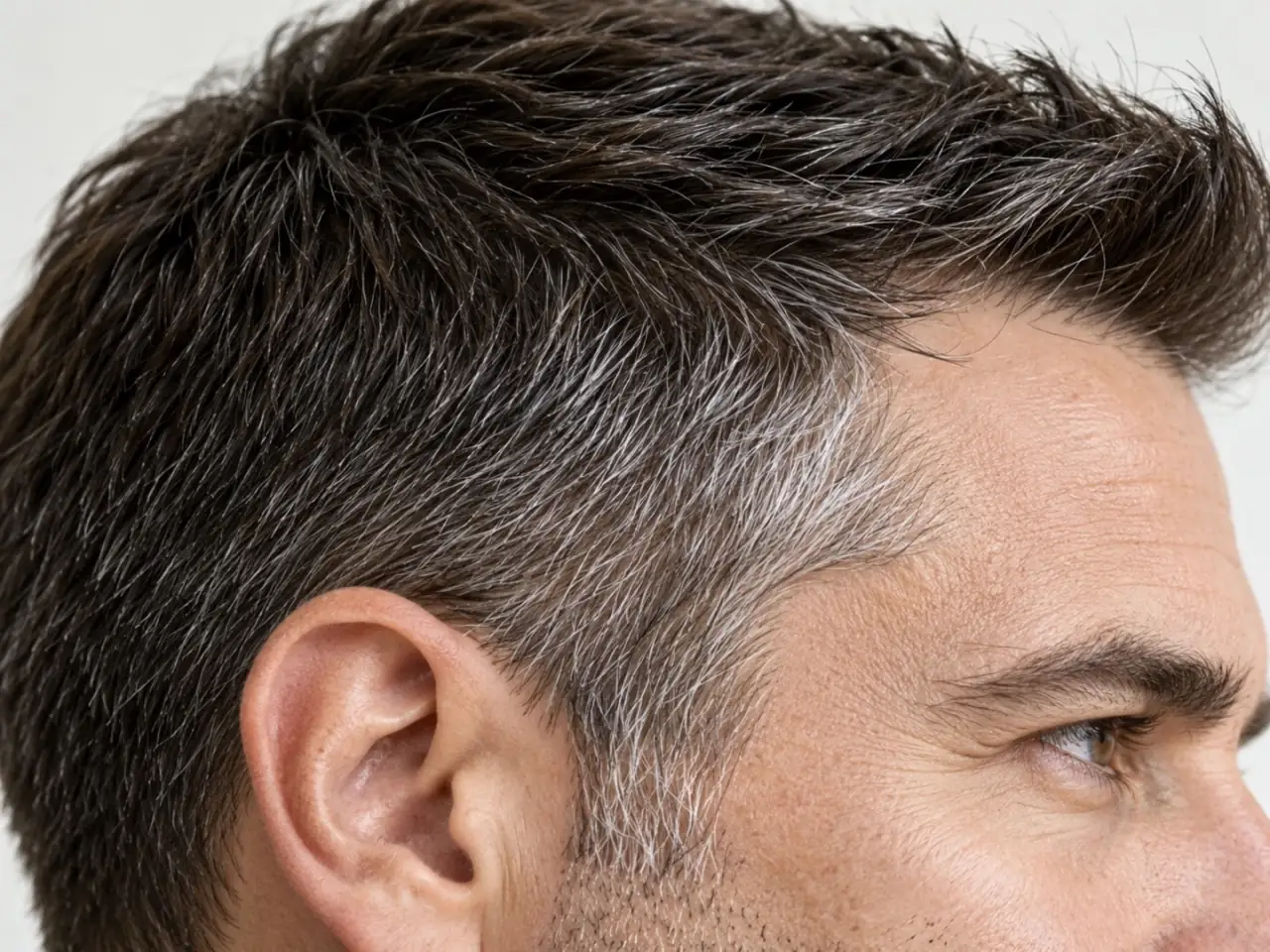 Close-up van de zijkant van een kort mannenkapsel met zout-en-peperkleurig haar bij de slaap