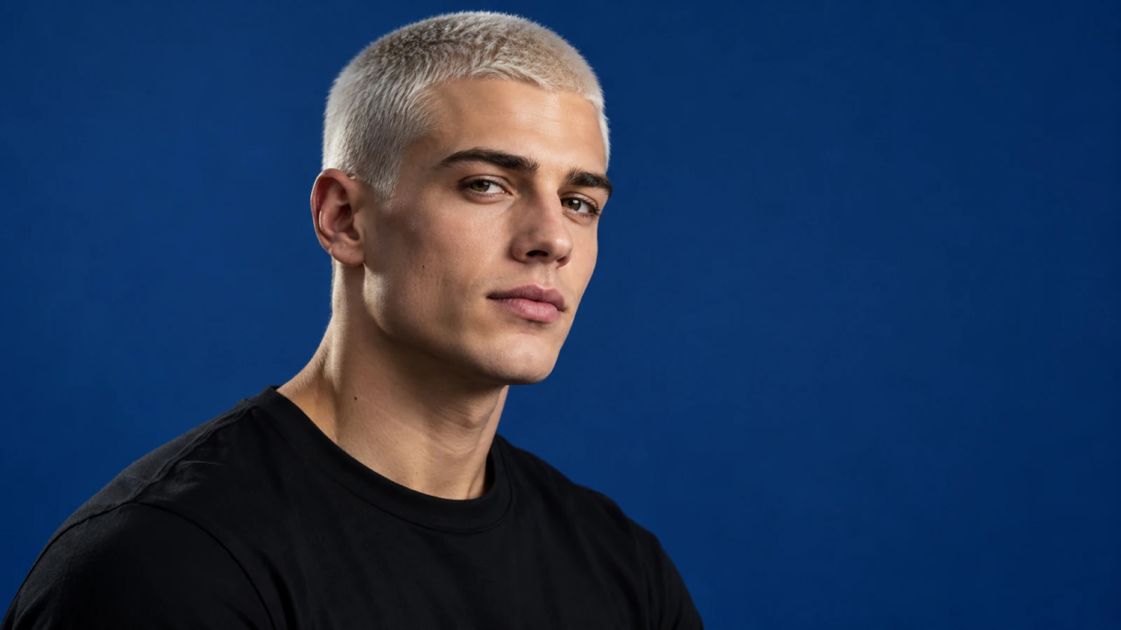 Man met een platinablonde buzz cut tegen een effen achtergrond