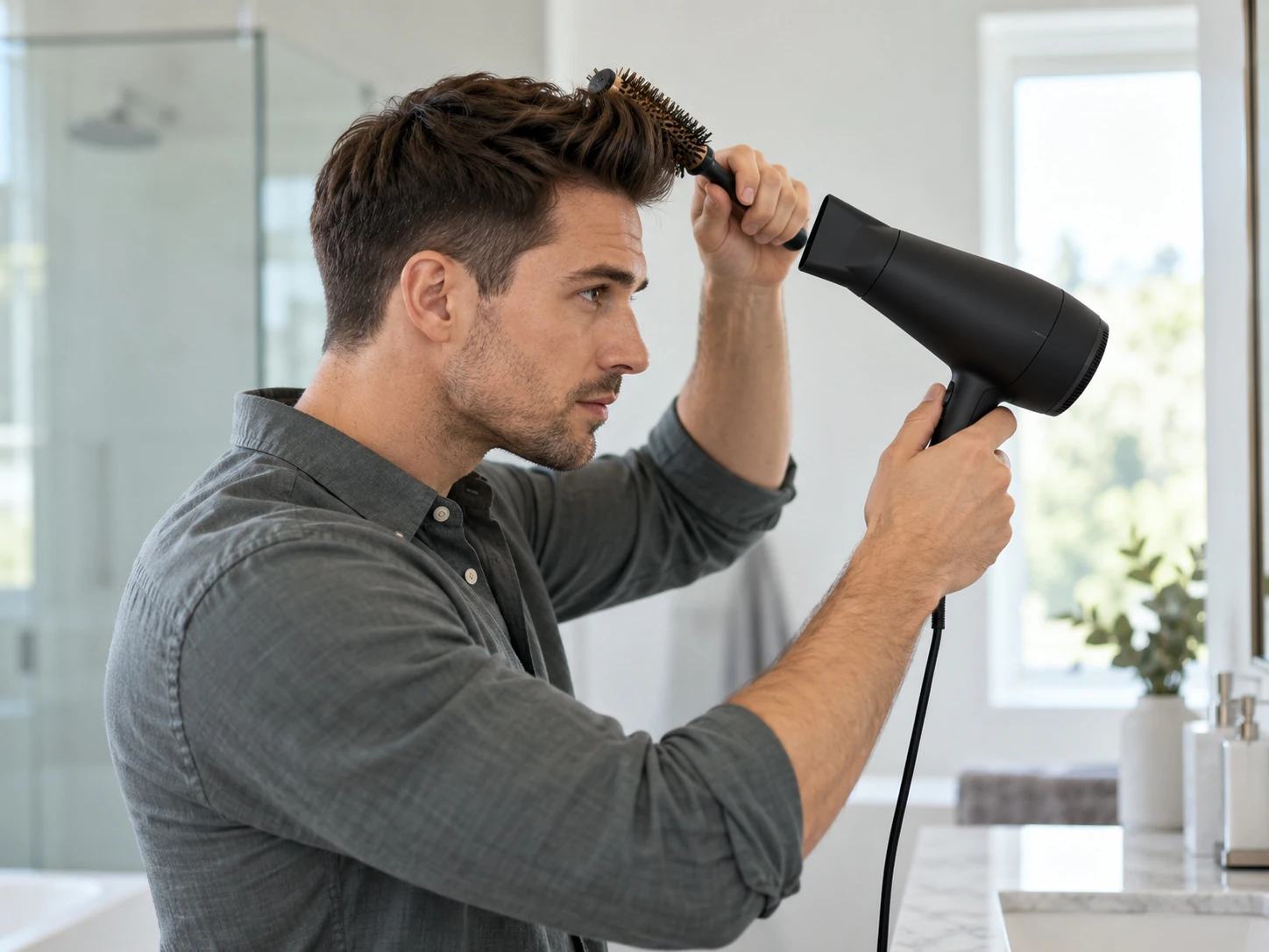 Man die het haar aan de voorkant omhoog föhnt met een ronde borstel voor een quiff