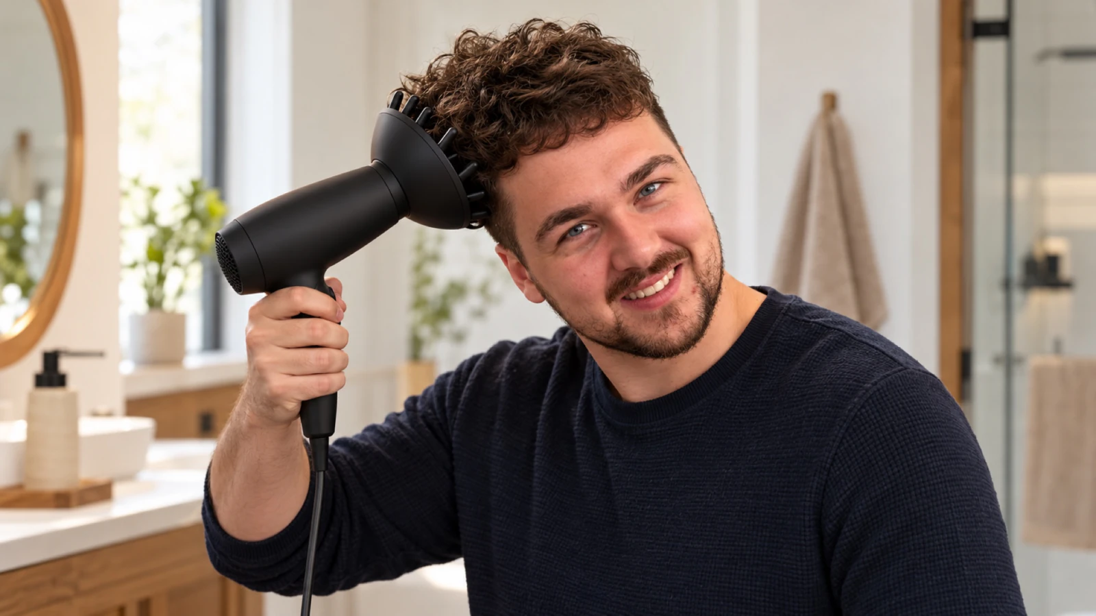 Man met krullen die zijn haar föhnt en met zijn hand optilt bij de wortels