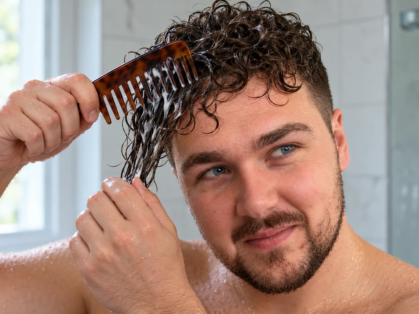 Man met krullen die conditioner met een grove kam door zijn natte haar werkt onder de douche