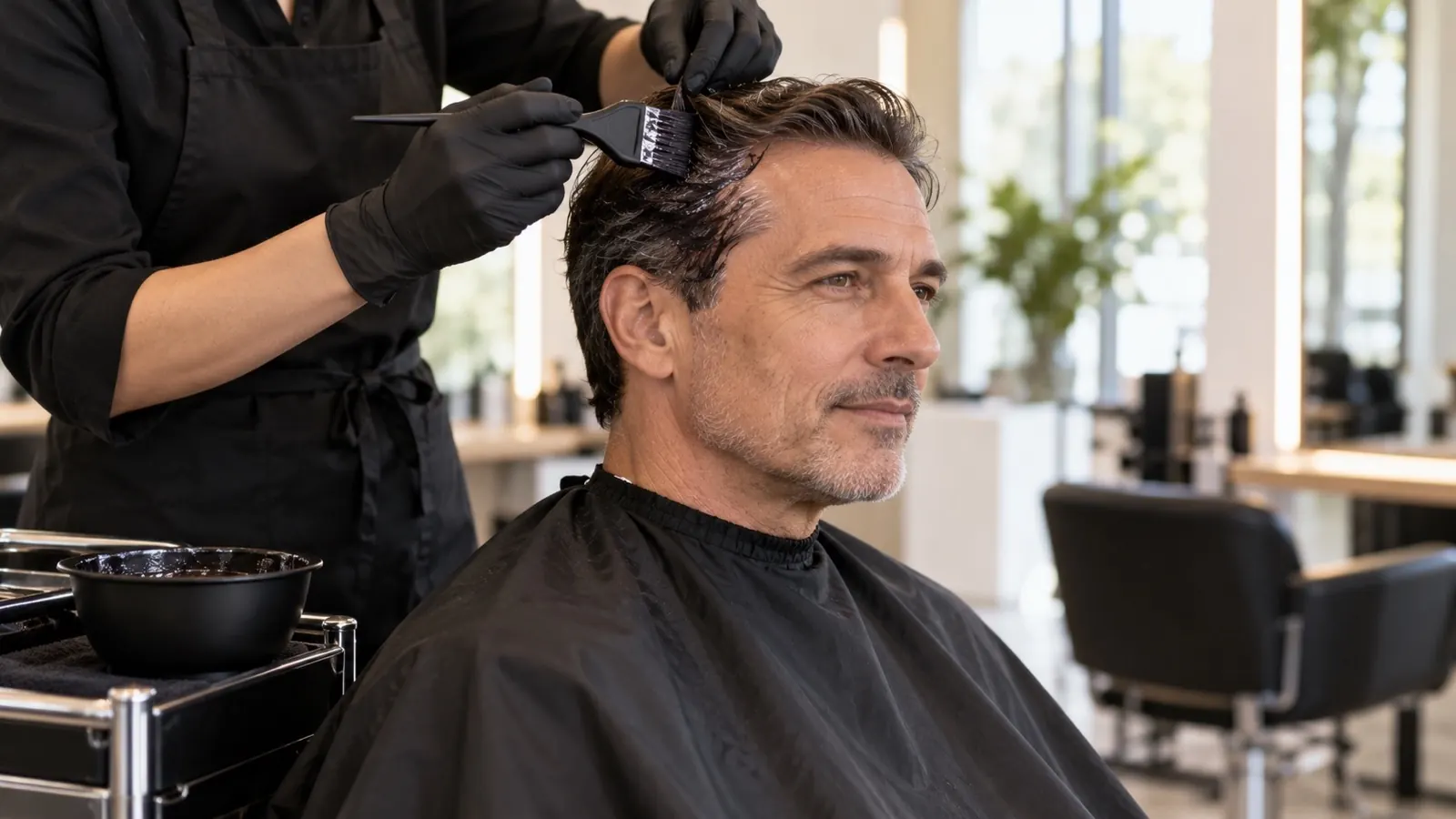 Kapper brengt met een kwastje haarverf aan bij de slapen van een man met grijzend haar in een lichte salon
